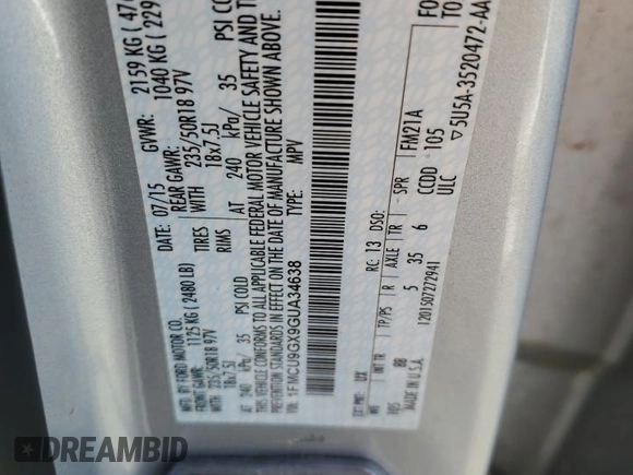 2016 Ford Escape SE с VIN 1FMCU9GX9GUA34638, выставлен на аукционе Copart как лот 55757955 с пробегом 55 143 миль миль и Списание • Salvage title. История ставок и продаж доступна на DreamBid. Изображение 13.