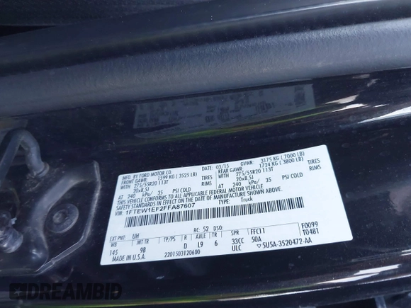 2015 Ford F-150 XLT with VIN 1FTEW1EF2FFA87607, listed as a IAAI auction lot 41336805 with 148,922 mi miles. Bid and sale history available at carsss.com. Image 9.