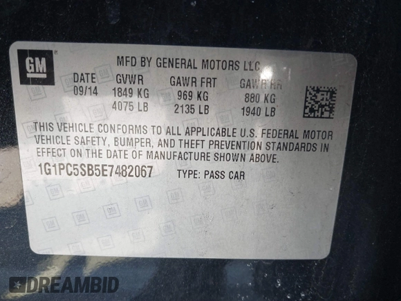 2014 Chevrolet Cruze 1LT with VIN 1G1PC5SB5E7482067, listed as a IAAI auction lot 41697625 with 51,036 mi miles and . Bid and sale history available at DreamBid. Image 9.
