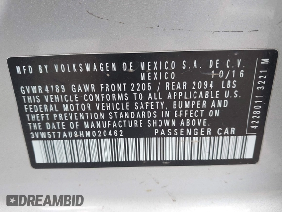 2017 Volkswagen GTI S with VIN 3VW5T7AU8HM020462, listed as a IAAI auction lot 42008909 with 117,073 mi miles and . Bid and sale history available at DreamBid. Image 9.