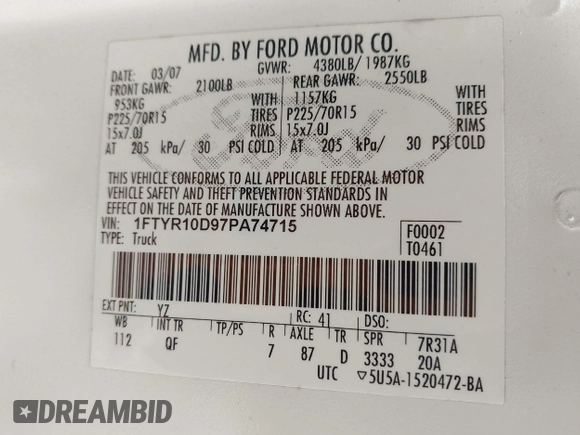 2007 Ford Ranger XL with VIN 1FTYR10D97PA74715, listed as a IAAI auction lot 42080975 with 194,786 mi miles. Bid and sale history available at carsss.com. Image 9.