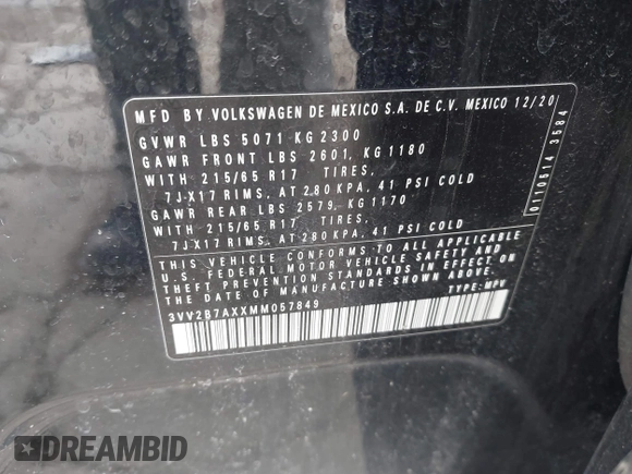 2021 Volkswagen Tiguan SE with VIN 3VV2B7AXXMM057849, listed as a IAAI auction lot 41879768 with 88,353 mi miles and . Bid and sale history available at DreamBid. Image 9.