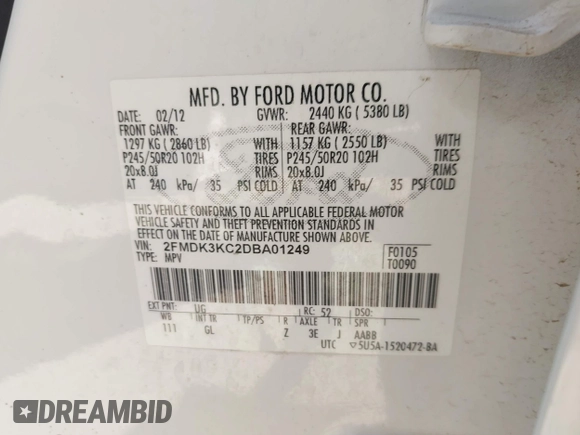 2013 Ford Edge Limited with VIN 2FMDK3KC2DBA01249, listed as a IAAI auction lot 42247356 with 195,524 mi miles and . Bid and sale history available at DreamBid. Image 9.