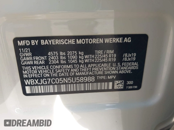 2022 BMW X1 sDrive28i with VIN WBXJG7C05N5U58988, listed as a IAAI auction lot 41466393 with 56,062 mi miles. Bid and sale history available at carsss.com. Image 9.