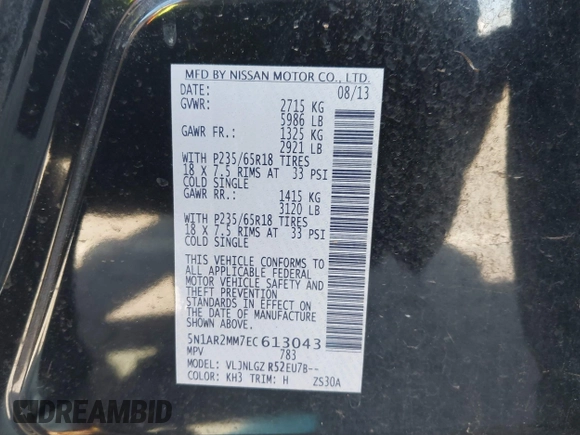 2014 Nissan Pathfinder SL z VIN 5N1AR2MM7EC613043, wystawiony jako IAAI lot #41948802 z przebiegiem 149 642 mil mil oraz . Historia ofert i sprzedaży dostępna na DreamBid. Obrazek 9.