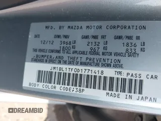 2013 Mazda 3 i SV with VIN JM1BL1TF0D1771418, listed as a IAAI auction lot 41920175 with 102,678 mi miles and . Bid and sale history available at DreamBid. Image 9.