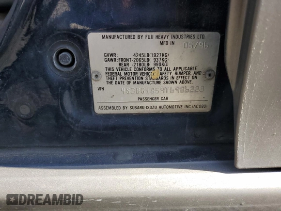 1996 Subaru Legacy with VIN 4S3BG4859T6986223, listed as a Copart auction lot 57683345 with 265,568 mi miles and Salvage title. Bid and sale history available at DreamBid. Image 13.