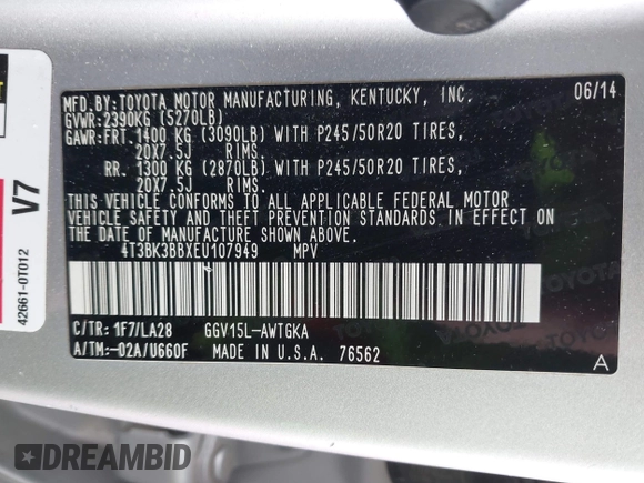 2014 Toyota Venza XLE z VIN 4T3BK3BBXEU107949, wystawiony jako IAAI lot #41988138 z przebiegiem 156 502 mil mil oraz . Historia ofert i sprzedaży dostępna na DreamBid. Obrazek 9.