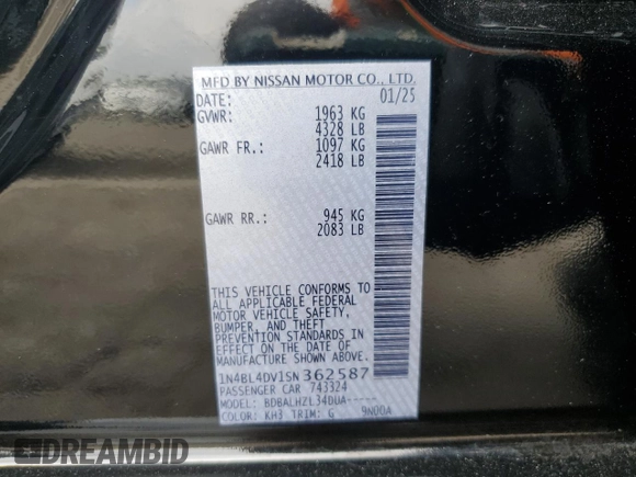 2025 Nissan Altima SV with VIN 1N4BL4DV1SN362587, listed as a Copart auction lot 54373685 with 4,875 mi miles and Clean Title. Bid and sale history available at DreamBid. Image 13.