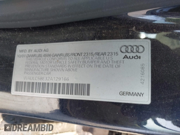 2002 Audi A4 с VIN WAULC58E32A129166, выставлен на аукционе IAAI как лот 42381790 с пробегом 101 985 миль миль и . История ставок и продаж доступна на DreamBid. Изображение 9.