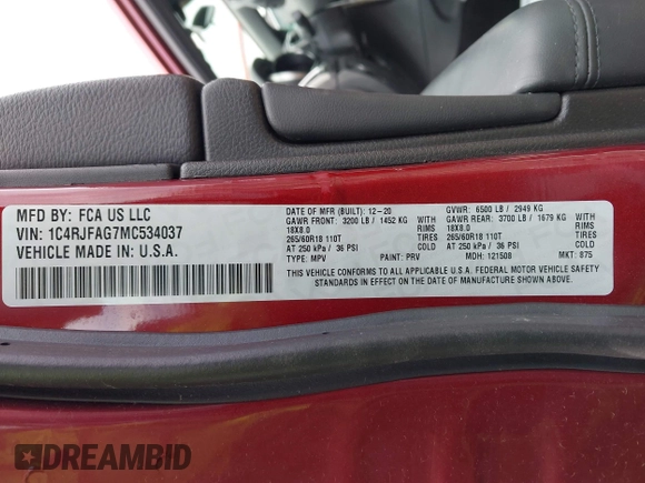 2021 Jeep Grand Cherokee Laredo E z VIN 1C4RJFAG7MC534037, wystawiony jako IAAI lot #41598511 z przebiegiem 55 107 mil mil oraz . Historia ofert i sprzedaży dostępna na DreamBid. Obrazek 9.