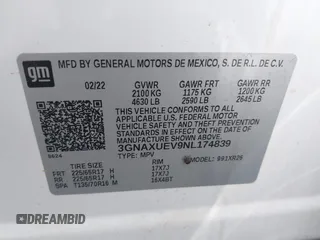 2022 Chevrolet Equinox LT z VIN 3GNAXUEV9NL174839, wystawiony jako IAAI lot #42470518 z przebiegiem 18 709 mil mil oraz . Historia ofert i sprzedaży dostępna na DreamBid. Obrazek 9.