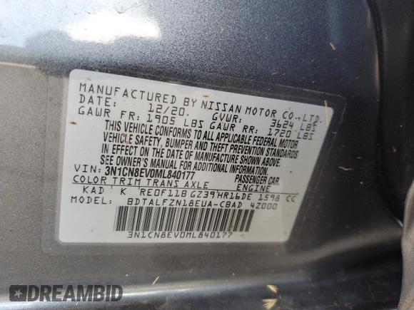 2021 Nissan Versa SV z VIN 3N1CN8EV0ML840177, wystawiony jako Copart lot #57823925 z przebiegiem 100 508 mil mil oraz Szkoda całkowita • Salvage title. Historia ofert i sprzedaży dostępna na DreamBid. Obrazek 12.