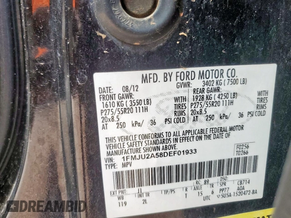 2013 Ford Expedition Limited with VIN 1FMJU2A58DEF01933, listed as a Copart auction lot 62985585 with Not provided miles and Clean title. Bid and sale history available at DreamBid. Image 13.