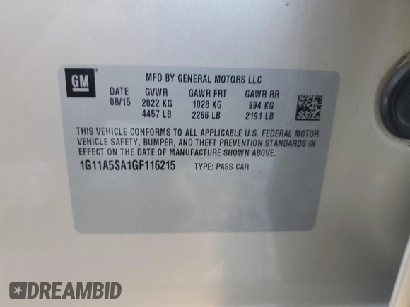 2016 Chevrolet Malibu Limited LS with VIN 1G11A5SA1GF116215, listed as a Copart auction lot 49216405 with 129,096 mi miles and Salvage Title. Bid and sale history available at carsss.com. Image 14.