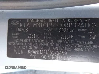 2008 Kia Spectra EX with VIN KNAFE122185575459, listed as a IAAI auction lot 42137257 with 55,402 mi miles and . Bid and sale history available at DreamBid. Image 9.