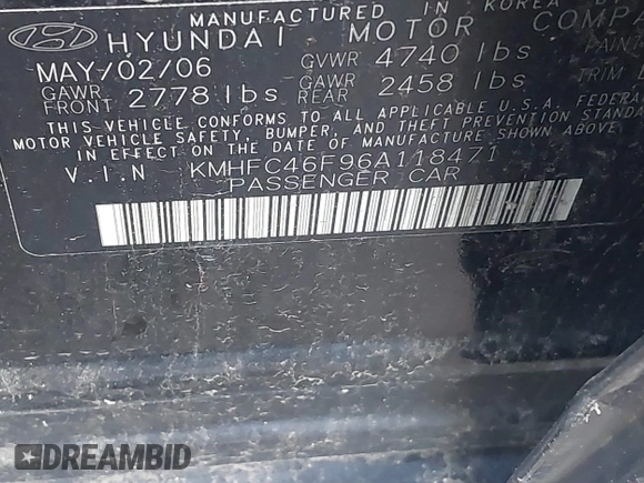2006 Hyundai Azera SE with VIN KMHFC46F96A118471, listed as a IAAI auction lot 40162578 with 125,070 mi miles and . Bid and sale history available at DreamBid. Image 9.