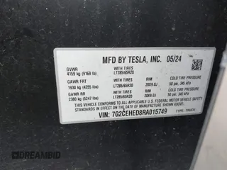 2024 Tesla Cybertruck with VIN 7G2CEHED8RA015749, listed as a IAAI auction lot 41731902 with 13,822 mi miles. Bid and sale history available at carsss.com. Image 9.