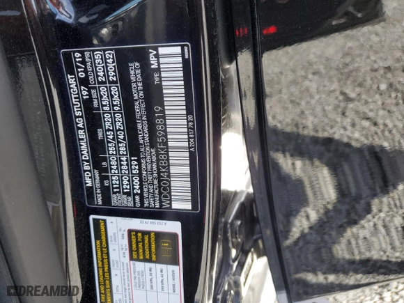 2019 Mercedes-Benz GLC with VIN WDC0J4KB8KF598819, listed as a Copart auction lot 49223885 with 59,937 mi miles and Salvage Title. Bid and sale history available at carsss.com. Image 14.