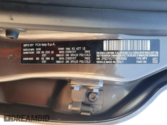 2016 FIAT 500X Trekking with VIN ZFBCFXCT7GP438562, listed as a Copart auction lot 60483465 with 160,991 mi miles and Salvage title. Bid and sale history available at DreamBid. Image 12.