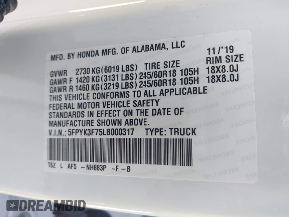 2020 Honda Ridgeline RTL-E with VIN 5FPYK3F75LB000317, listed as a IAAI auction lot 41850029 with 17,430 mi miles and . Bid and sale history available at DreamBid. Image 9.
