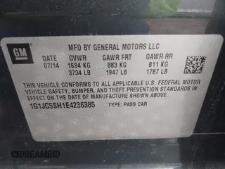2014 Chevrolet Sonic LT with VIN 1G1JC5SH1E4236385, listed as a IAAI auction lot 42066948 with 126,200 mi miles and . Bid and sale history available at DreamBid. Image 9.