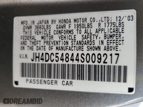 2004 Acura RSX с VIN JH4DC54844S009217, выставлен на аукционе Copart как лот 45423895 с пробегом 180 505 миль миль и Списание • Salvage title. История ставок и продаж доступна на DreamBid. Изображение 12.