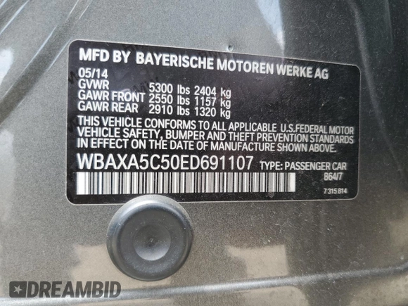 2014 BMW 5 Series 535d with VIN WBAXA5C50ED691107, listed as a Copart auction lot 64393794 with 114,627 mi miles and Salvage Title. Bid and sale history available at DreamBid. Image 14.