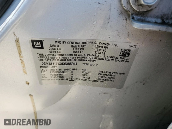 2012 GMC Terrain SLT-1 with VIN 2GKALUEK3C6385941, listed as a Copart auction lot 60321405 with 120,741 mi miles and Clean title. Bid and sale history available at DreamBid. Image 13.