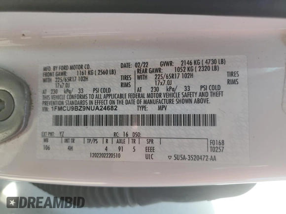 2022 Ford Escape SE Hybrid с VIN 1FMCU9BZ9NUA24682, выставлен на аукционе Copart как лот 57091485 с пробегом Не указан миль и Чистый • Clean title. История ставок и продаж доступна на DreamBid. Изображение 13.
