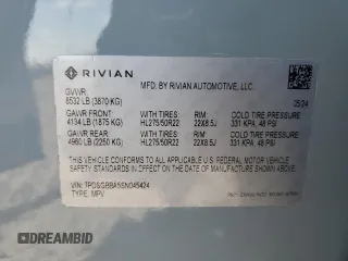 2025 Rivian R1S Adventure z VIN 7PDSGBBA5SN045424, wystawiony jako Copart lot #49675655 z przebiegiem Nie podano mil oraz Szkoda całkowita • Salvage title. Historia ofert i sprzedaży dostępna na DreamBid. Obrazek 13.