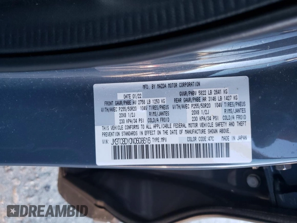 2022 Mazda CX-9 Grand Touring with VIN JM3TCBDY0N0608616, listed as a Copart auction lot 86551794 with 36,028 mi miles and Salvage Title. Bid and sale history available at carsss.com. Image 14.