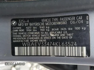 2004 BMW 3 Series 325i with VIN WBAEV33474KL63524, listed as a Copart auction lot 43437215 with 164,415 mi miles and Salvage Title. Bid and sale history available at carsss.com. Image 12.