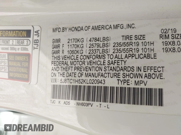 2019 Acura RDX Technology with VIN 5J8TC1H52KL020943, listed as a IAAI auction lot 41640742 with 49,904 mi miles and . Bid and sale history available at DreamBid. Image 9.
