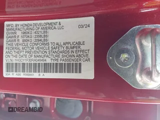 2024 Honda Accord EX with VIN 1HGCY1F30RA049494, listed as a IAAI auction lot 41945019 with 15,273 mi miles and . Bid and sale history available at DreamBid. Image 9.