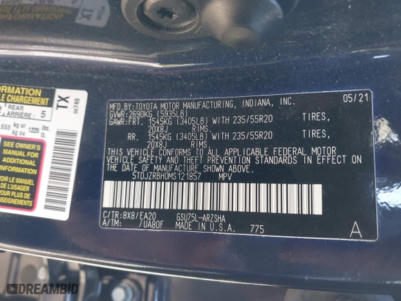 2021 Toyota Highlander XSE with VIN 5TDJZRBH0MS121857, listed as a IAAI auction lot 41718189 with 1 mi miles. Bid and sale history available at carsss.com. Image 9.