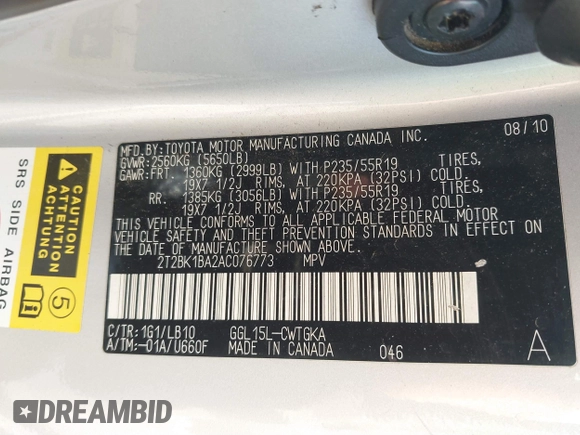 2010 Lexus RX 350 z VIN 2T2BK1BA2AC076773, wystawiony jako IAAI lot #41433913 z przebiegiem 163 350 mil mil oraz . Historia ofert i sprzedaży dostępna na DreamBid. Obrazek 9.