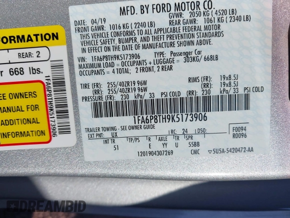 2019 Ford Mustang EcoBoost with VIN 1FA6P8TH9K5173906, listed as a IAAI auction lot 41343490 with 57,269 mi miles and . Bid and sale history available at carsss.com. Image 9.