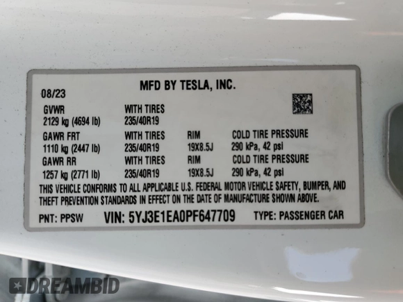 2023 Tesla Model 3 с VIN 5YJ3E1EA0PF647709, выставлен на аукционе Copart как лот 60292385 с пробегом 26 943 миль миль и Списание • Salvage title. История ставок и продаж доступна на DreamBid. Изображение 12.