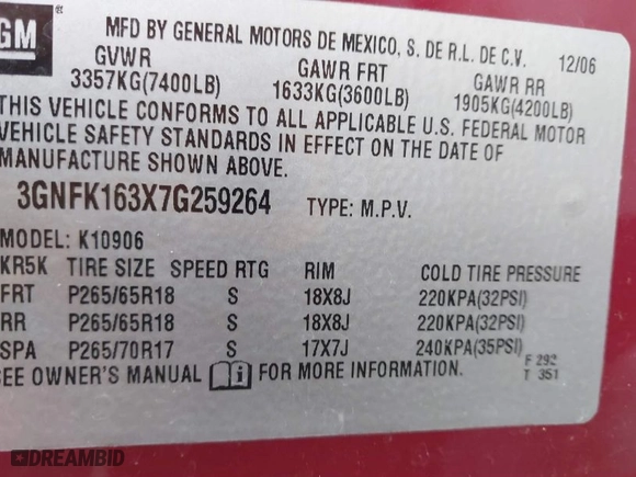 2007 Chevrolet Suburban LTZ with VIN 3GNFK163X7G259264, listed as a IAAI auction lot 42019421 with 130,744 mi miles. Bid and sale history available at carsss.com. Image 9.