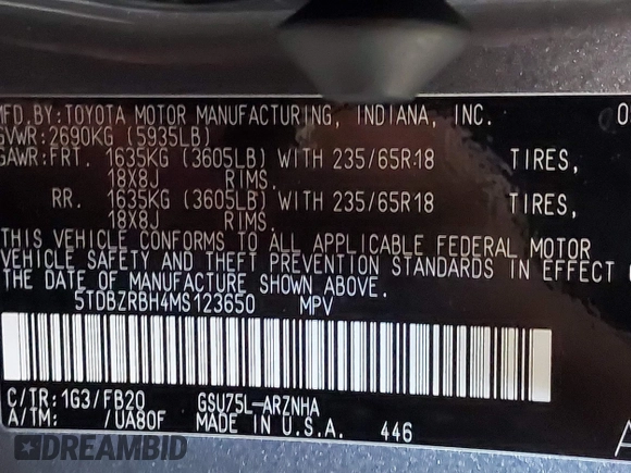 2021 Toyota Highlander L with VIN 5TDBZRBH4MS123650, listed as a IAAI auction lot 42726469 with 92,877 mi miles and . Bid and sale history available at DreamBid. Image 9.