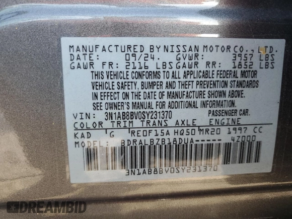 2025 Nissan Sentra S with VIN 3N1AB8BV0SY231370, listed as a Copart auction lot 55806415 with 3,110 mi miles and Salvage Title. Bid and sale history available at DreamBid. Image 13.