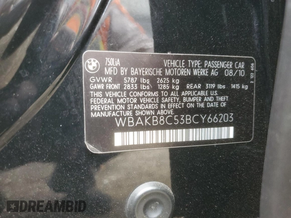 2011 BMW 7 Series 750Li with VIN WBAKB8C53BCY66203, listed as a Copart auction lot 55884985 with 87,593 mi miles and Clean title. Bid and sale history available at DreamBid. Image 12.