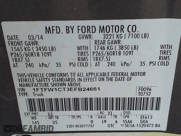 2014 Ford F-150 XL with VIN 1FTFW1CT3EFB24661, listed as a IAAI auction lot 42016408 with 186,888 mi miles and . Bid and sale history available at DreamBid. Image 9.