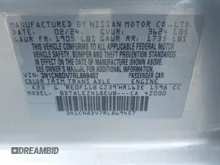 2024 Nissan Versa S with VIN 3N1CN8DV7RL869457, listed as a IAAI auction lot 42029314 with 2,922 mi miles. Bid and sale history available at carsss.com. Image 9.