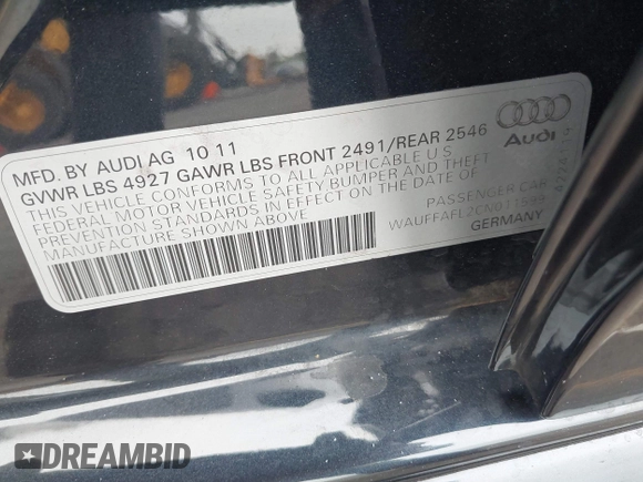 2012 Audi A4 Premium Plus с VIN WAUFFAFL2CN011599, выставлен на аукционе IAAI как лот 42349533 с пробегом Не указан миль и . История ставок и продаж доступна на DreamBid. Изображение 9.