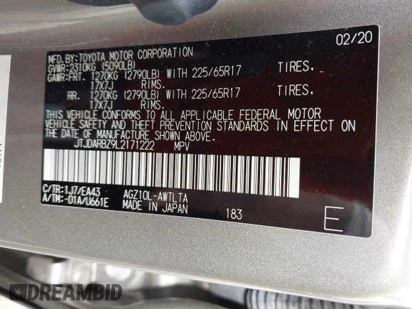 2020 Lexus NX 300 with VIN JTJDARBZ9L2171222, listed as a IAAI auction lot 42468707 with 58,733 mi miles and . Bid and sale history available at DreamBid. Image 9.
