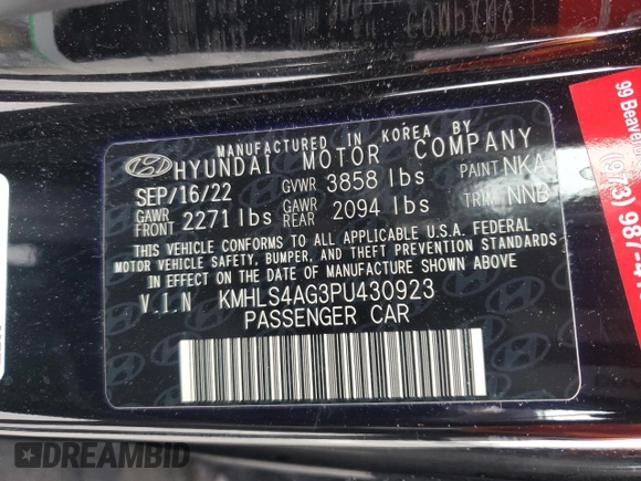 2023 Hyundai Elantra SEL с VIN KMHLS4AG3PU430923, выставлен на аукционе Copart как лот 58924775 с пробегом 13 551 миль миль и Списание • Salvage title. История ставок и продаж доступна на DreamBid. Изображение 13.
