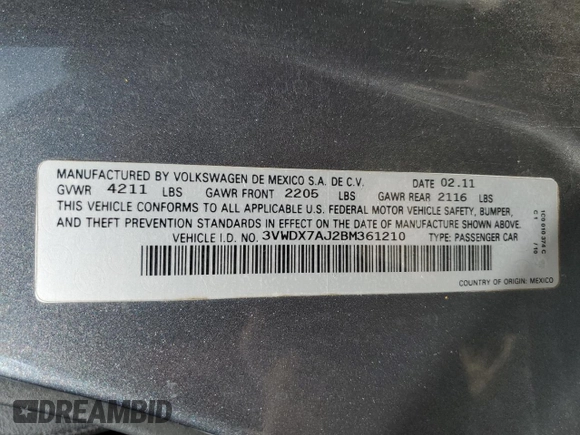 2011 Volkswagen Jetta SE with VIN 3VWDX7AJ2BM361210, listed as a Copart auction lot 53984825 with 223,915 mi miles and Salvage title. Bid and sale history available at DreamBid. Image 12.