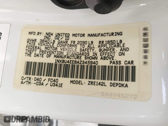 2010 Toyota Corolla with VIN 1NXBU4EE8AZ345940, listed as a IAAI auction lot 42272720 with 160,342 mi miles and . Bid and sale history available at DreamBid. Image 9.